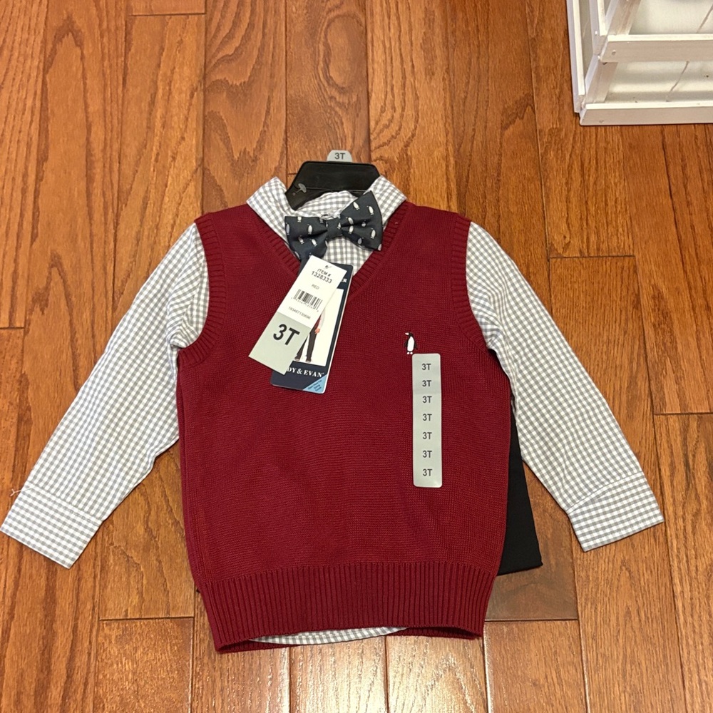 Andy & Evan Burgundy and Gray Kids Shirt & Vest Set 3T